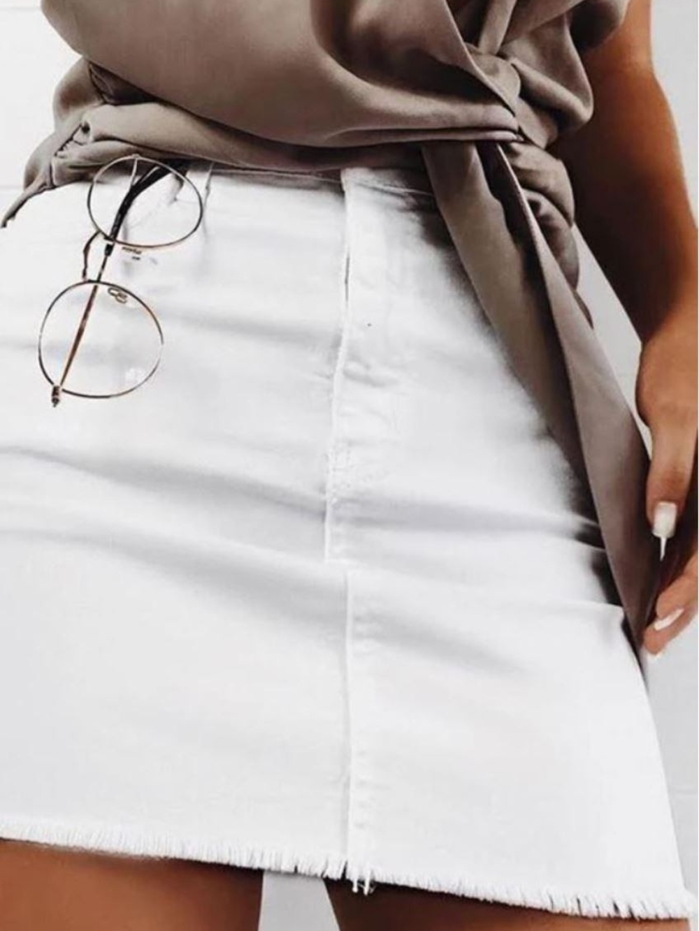 White Denim Mini Skirt with Raw Hem